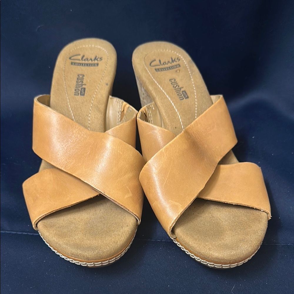 Clarks Tan Mules with Criss-Cross Straps and Cork Footbed